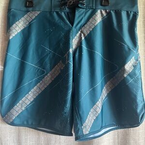 Men's Teal Patterned Swim Board Shorts - Lace-Up Waist